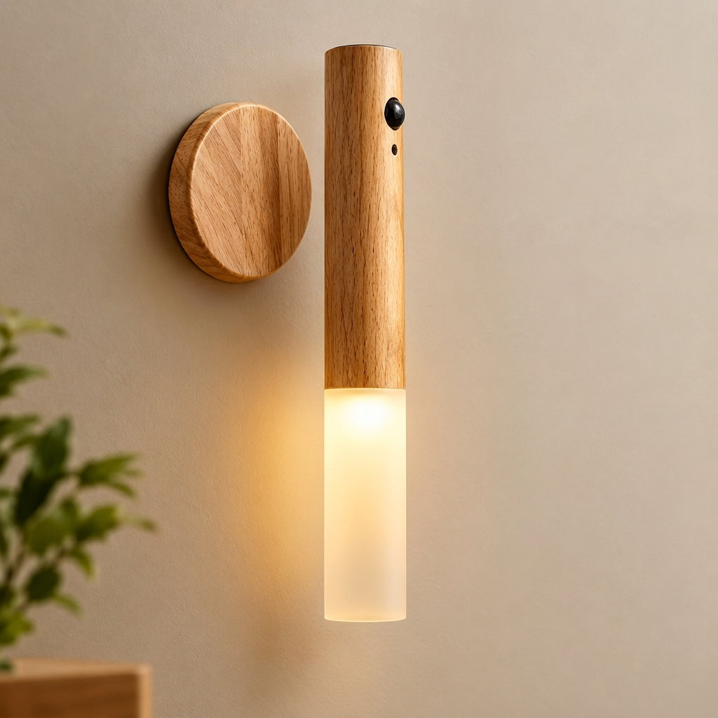 Rechargeable wooden night light with magnetic wall mount