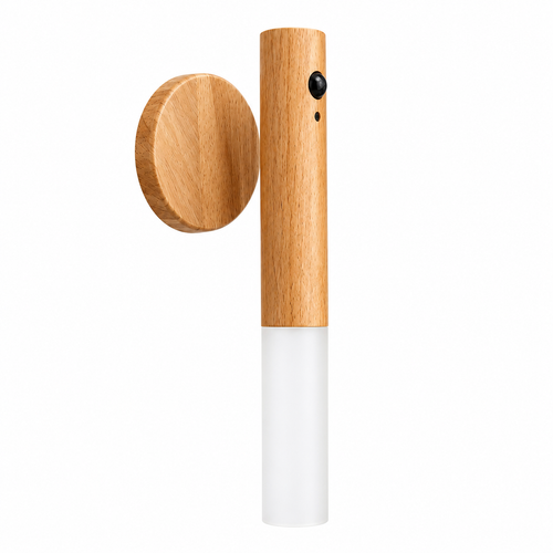Wireless motion sensor wooden wall light in natural oak finish with frosted diffuser on a white background.